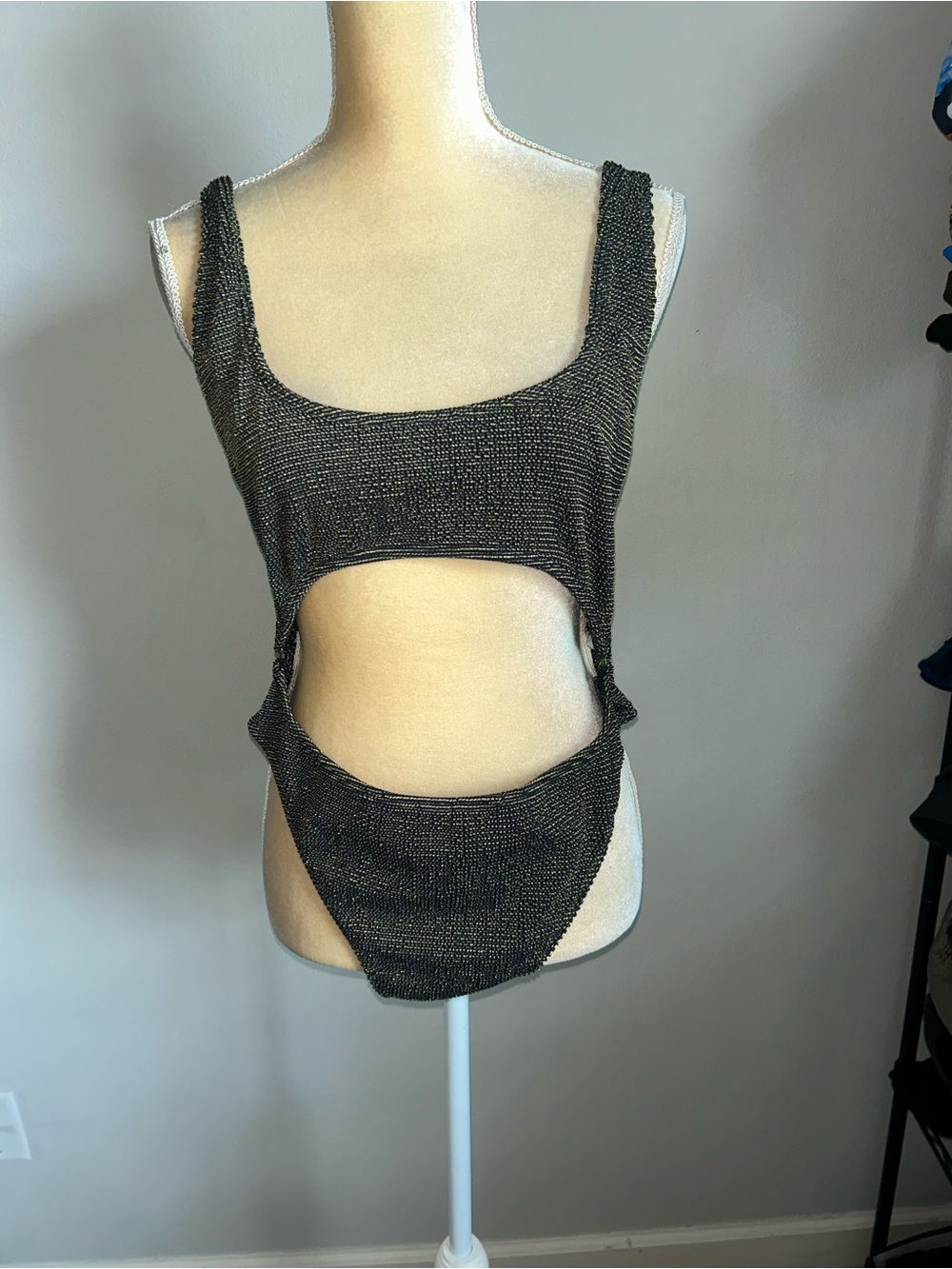 NWT Good American Metallic Black Cutout Tank Swimsuit Sz 5/6 or 2XL/3XL